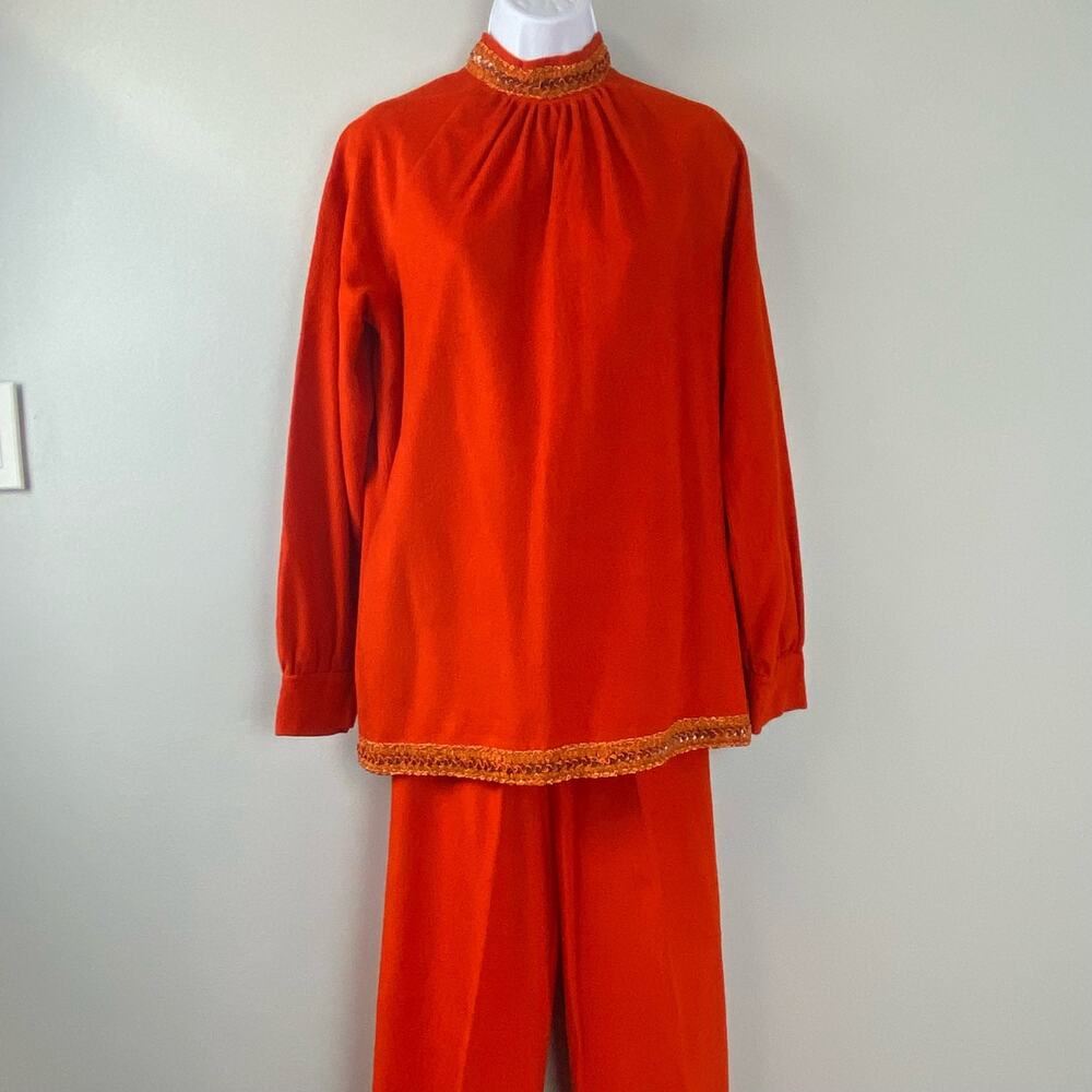 Vintage 2 Piece 60s 70s Retro Orange Tunic & Pants Set Medium - Picture 4 of 16